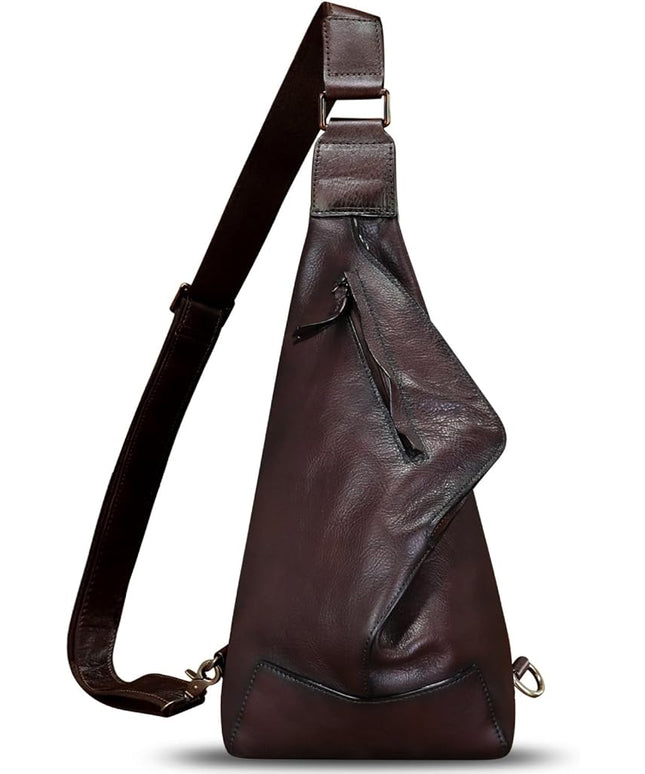 Genuine Leather Sling Bag for Men and Women Vintage Full Grain Leather Sling Purse Chest Daypack Over Shoulder Crossbody Bag (Coffee)