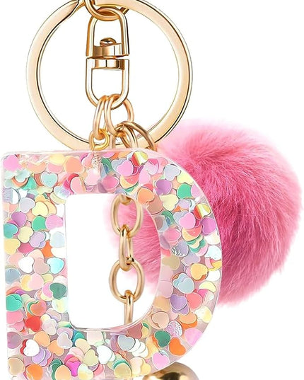 Resin Alphabet Initial Letter Keychain Keyring for Women Purse Handbags With Fur Ball Pom