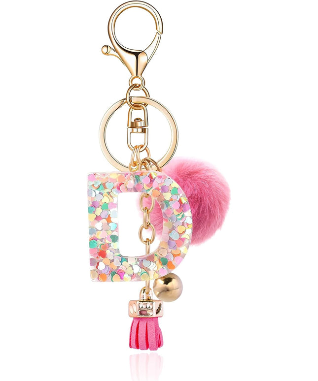 Resin Alphabet Initial Letter Keychain Keyring for Women Purse Handbags With Fur Ball Pom