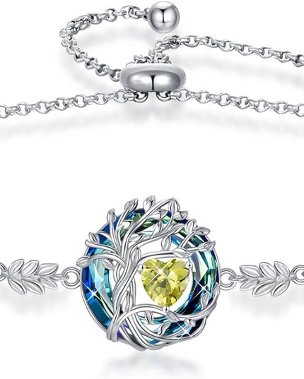 TOUPOP Tree of Life Birthstone Bracelet 925 Sterling Silver Family Tree Austrian Crystal Jewelry Anniversary Birthday Christmas Gifts for Women Wife Girlfriend Her