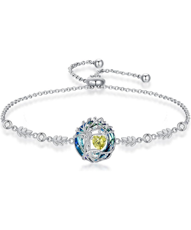 TOUPOP Tree of Life Birthstone Bracelet 925 Sterling Silver Family Tree Austrian Crystal Jewelry Anniversary Birthday Christmas Gifts for Women Wife Girlfriend Her
