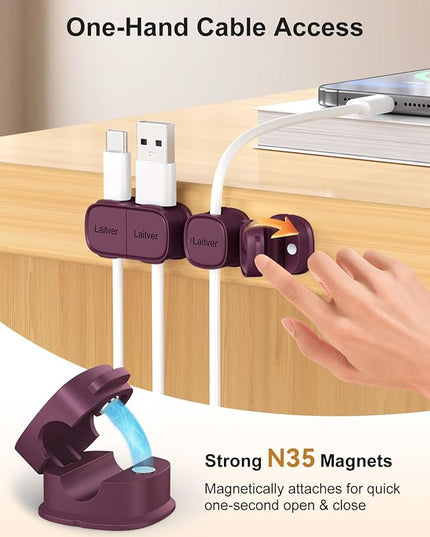 6 Pack Magnetic Cable Clips [1s Open/Lock], Laitver Cord Organizer Holder Strong Adhesive Desk Cable Management- Organize Charging Cords Neatly for Home, Office, Car,Desk, Nightstand-Dark Purple
