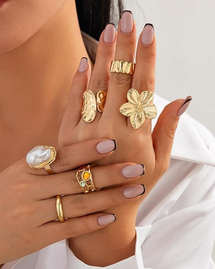Rings for Women Adjustable Chunky Rings Set Vintage Wide Colorful Flower Stackable Ring for Women Thick Statement Ring Chunky Jewlery