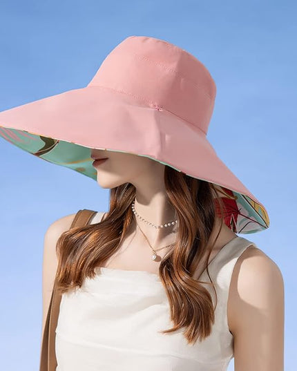 HUAMULAN Women Summer Sun Hat Wide Brim Wired Edge Floral Beach Bucket Hats Reversible Foldable Travel UV Protection Lady Hat
