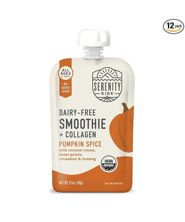 Serenity Kids Organic Pumpkin Spice Protein Smoothie Pouch - Grass Fed Collagen & Healthy Fats Pouches - USDA Organic, Dairy Free & No Added Sweeteners - Baby Food - 3.5 Oz, 12 Pack