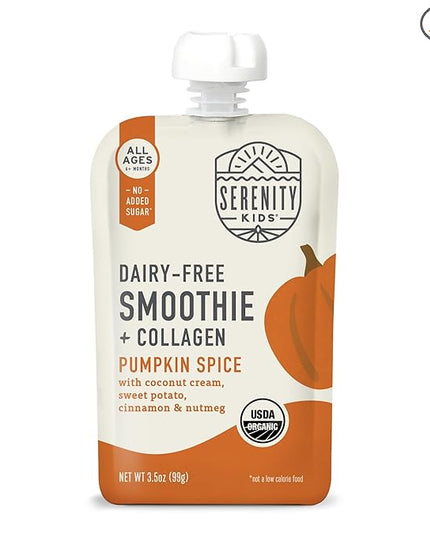 Serenity Kids 6+ Months Pumpkin Smoothie Baby Food Pouches - USDA Organic Pumpkin Spice Smoothie with Grass-Fed Collagen - No Added Sweeteners in Toddler Food - 3.5 Oz, 6 Pack