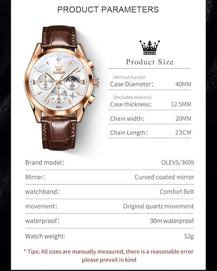 OLEVS Men's Watches Leather Strap Analog Quartz Watch, Fashion Big Dial Date Waterproof Watch, Dress Luxury Luminous Men Watches
