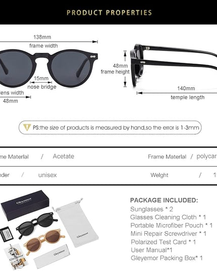 Gleyemor Vintage Polarized Sunglasses for Men Round Sunglasses UV400 Protection Retro Hand-crafted Acetate Frame