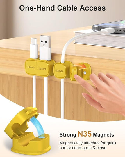 6 Pack Magnetic Cable Clips [1s Open/Lock], Laitver Cord Organizer Holder Strong Adhesive Desk Cable Management- Organize Charging Cords Neatly for Home, Office, Car,Desk, Nightstand-Yellow
