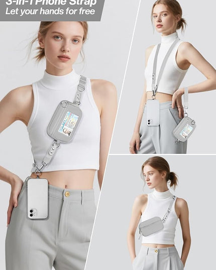 Clip and Go Strap for Phone with Wallet Crossbody Phone Lanyard Adjustable and Detachable RFID Wristlet Wallet with ID Window and Zipper, Grey