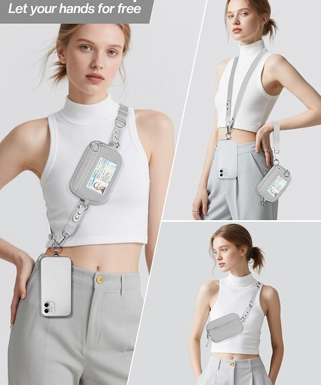 Clip and Go Strap for Phone with Wallet Crossbody Phone Lanyard Adjustable and Detachable RFID Wristlet Wallet with ID Window and Zipper, Grey