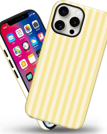 Magnetic for iPhone 16 Pro Case Cute Stripes Phone Case, Shockproof Slim TPU and Hard PC Protective Phone Cover Compatible with MagSafe Designed for Women Girls, Yellow
