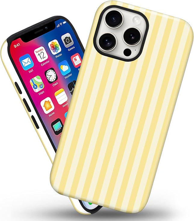 Magnetic for iPhone 13 Pro Case Cute Stripes Phone Case, Shockproof Slim TPU and Hard PC Protective Phone Cover Compatible with MagSafe Designed for Women Girls, Yellow