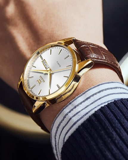 OLEVS Watches for Men Brown Leather Gold Case Analog Quartz Fashion Business Dress Watch Day Date Luminous Waterproof Casual Male Wrist Watches