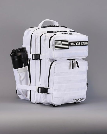 WOLFpak 35L Athletic Gym Backpack - Durable 1000D Waterproof Oxford Material with MOLLE Webbing, Laptop Pocket & Dual Cup Holders, Durable Fitness/Travel/Military Daypack (Polar White)