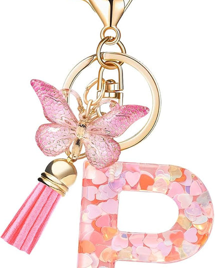 Fashion Alphabet Initial Letter Keychain Tassel Butterfly Pendant Key Ring for Purse Handbags Women Girl