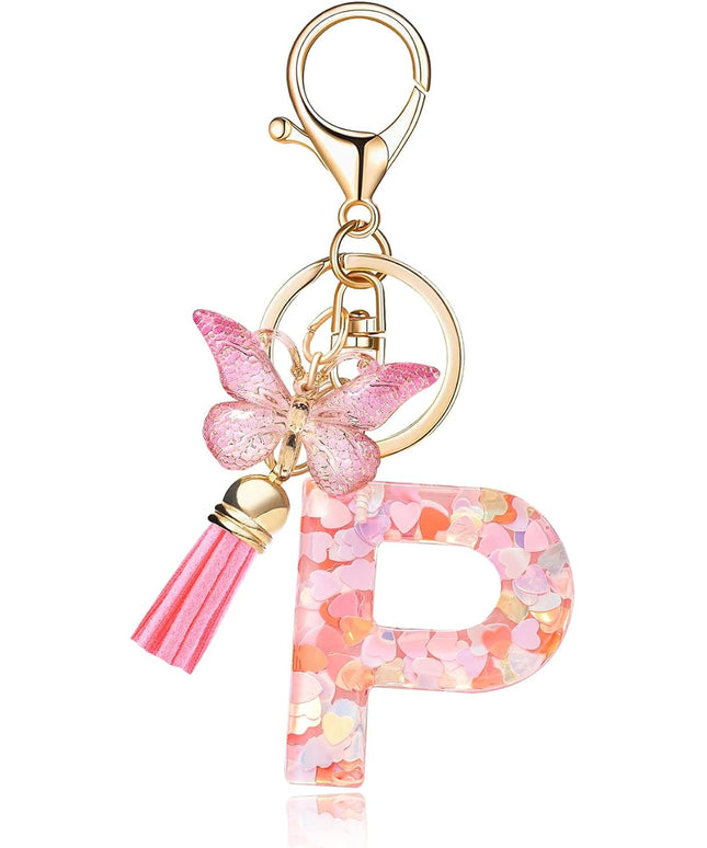 Fashion Alphabet Initial Letter Keychain Tassel Butterfly Pendant Key Ring for Purse Handbags Women Girl