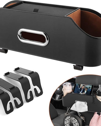Car Seat Back Organizer - Stylish & Functional Storage for Family Adventures - Cup Holders, Tissue Box & Hooks - Perfect for Kids, Road Trips & Travel (Black)