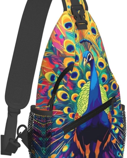Animal Face Sling Bag Crossbody Bags Chest Bag Backpack for Travel Running and Hiking for Men Women Colorful Peacock