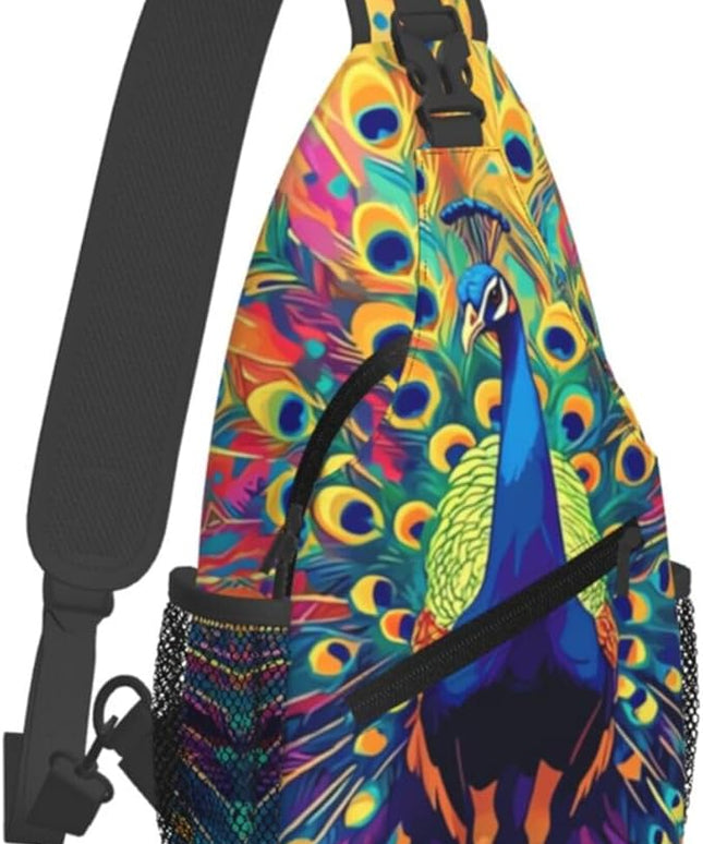 Animal Face Sling Bag Crossbody Bags Chest Bag Backpack for Travel Running and Hiking for Men Women Colorful Peacock