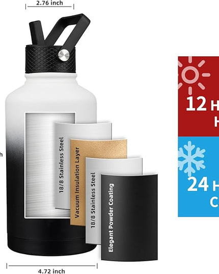 Insulated Water Bottle 64oz,Triple Wall Vacuum Stainless Steel(Dishwasher Safe),Leak Proof & Non-BPA,Flask Jug with Paracord Handle & Straw Spout Lids Sports Gradient black