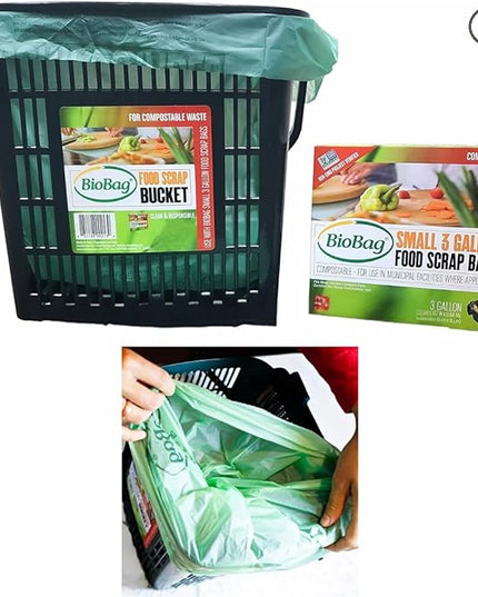 BioBag Countertop Kitchen Compost Bin & 25 Count 3-Gallon Certified Compostable Bags – BPI & ASTM D6400 Approved – Ventilated, Dishwasher-Safe Counter Scrap Bin