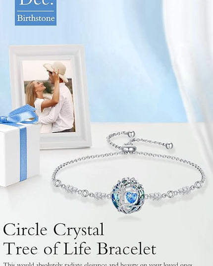 TOUPOP Tree of Life Birthstone Bracelet 925 Sterling Silver Family Tree Austrian Crystal Jewelry Anniversary Birthday Christmas Gifts for Women Wife Girlfriend Her