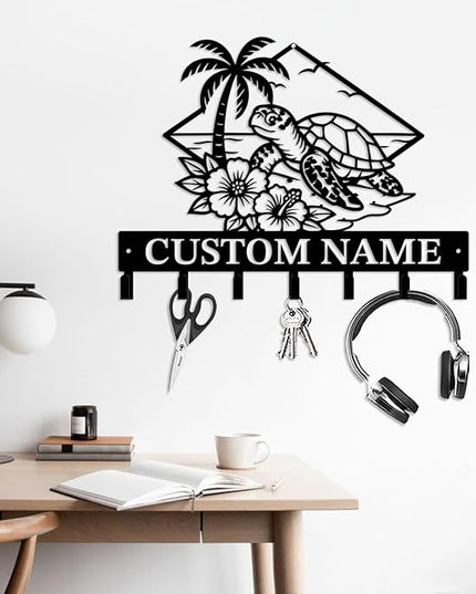 Casebrick Custom Sea Turtle Metal Wall Hooks,Key Holder-Personalized Iron Wall Decor for Keys, Coats & Home Organization (Black, Handmade,Decorative for Entryway, Beach,Bedroom,Office) (Style L)