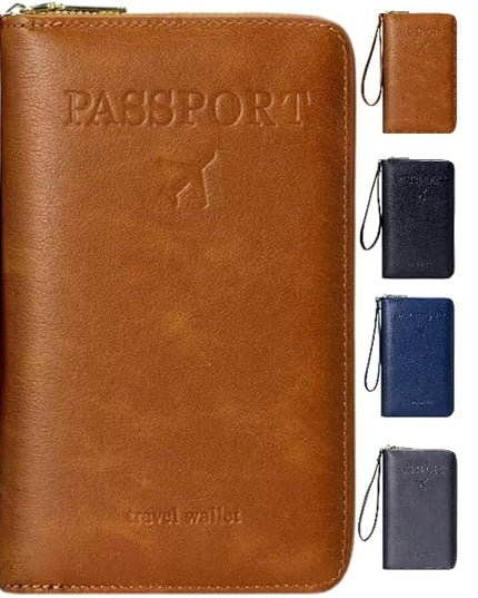 Multi-Functional RFID Passport Wallet,Travel Wallet for Men & Women,With zipper, anti-theft passport holder，Slim Leather Cover for Credit Cards, Tickets, Cash (Brown)