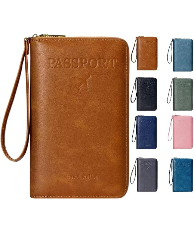 Multi-Functional RFID Passport Wallet,Travel Wallet for Men & Women,With zipper, anti-theft passport holder，Slim Leather Cover for Credit Cards, Tickets, Cash (Brown)