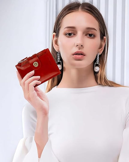 Blucoay Leather Wallet Women,RFID Blocking Womens Wallet Bifold Compact Card Holder Small Wallet for Women with Removable ID Window Winered