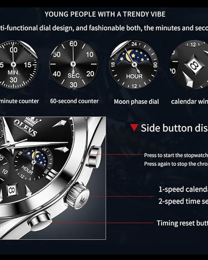 OLEVS Men's Watches Leather Strap Analog Quartz Watch, Fashion Big Dial Date Waterproof Watch, Dress Luxury Luminous Men Watches