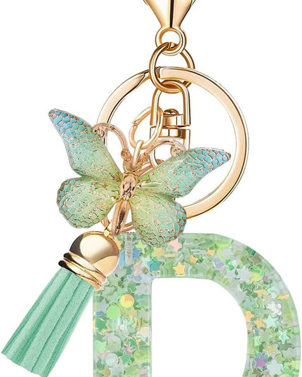 Fashion Alphabet Initial Letter Keychain Tassel Butterfly Pendant Key Ring for Purse Handbags Women Girl