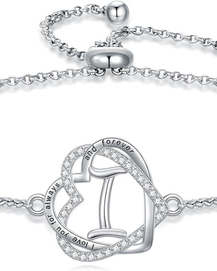 TOUPOP Gifts for Women Heart Initial Bracelet 925 Sterling Silver Double Heart Bracelet Birthday Jewelry Birthday Christmas Gifts for Her Wife Girlfriend