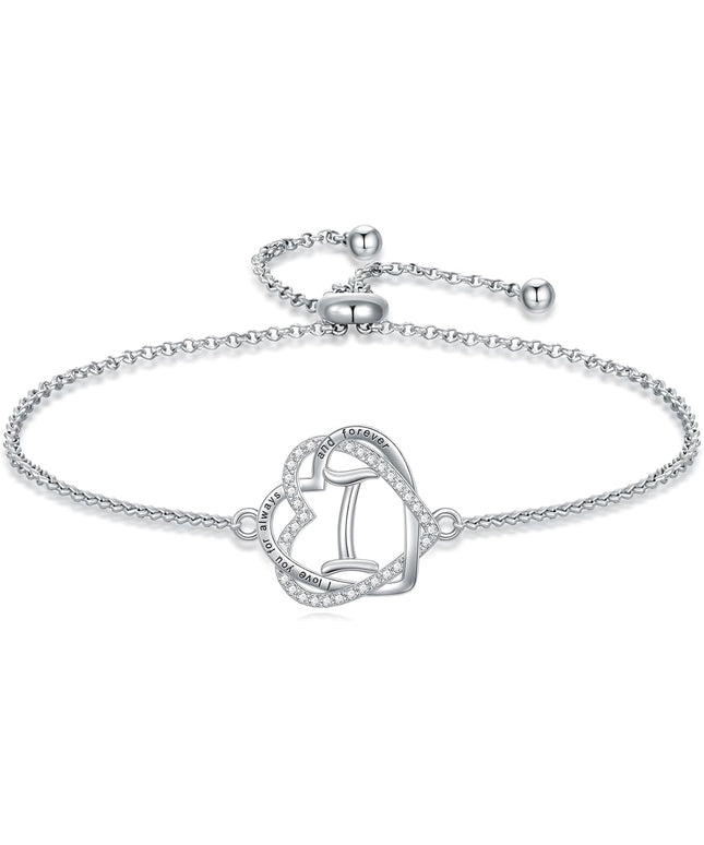 TOUPOP Gifts for Women Heart Initial Bracelet 925 Sterling Silver Double Heart Bracelet Birthday Jewelry Birthday Christmas Gifts for Her Wife Girlfriend
