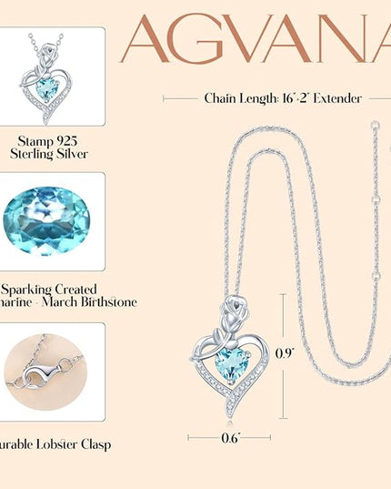 AGVANA Christmas Gifts Rosy Reverie Birthstone Necklace for Women Sterling Silver Genuine or Created Gemstone Rose Flower Heart Pendant Necklace Anniversary Birthday Gifts for Women Mom Wife Her