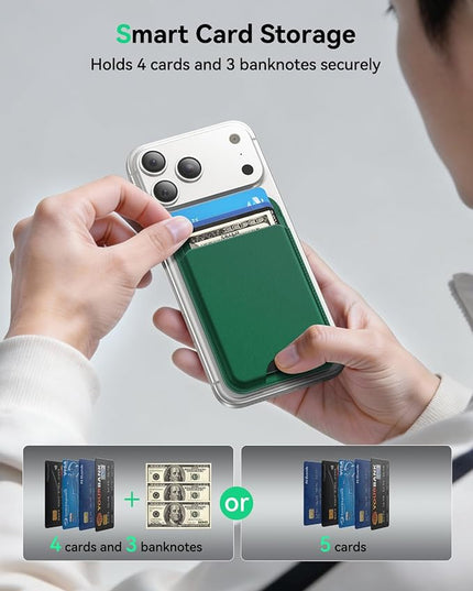 Fanseesy for MagSafe Wallet with Stand, 5 Card Holder, Slim Leather Magnetic Wallet for iPhone 17/16/15/14/13/12 Pro Max Plus Air Series, 3 Card Slots & 1 Cash Slot,Green