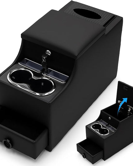 Center Console Between Seat Organizer for Minivans, SUVs, with Phone Holder & Cup Holders for Minivan &SUVs, Middle Van Floor Console Organizer Storage Box- Black