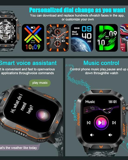 Military Smartwatch for Men, LED Flashlight Bluetooth Call IP68 Waterproof Heart Rate Blood Oxygen Sleep Tracker Fitness Pedometer Android iOS Compatible - Ideal for Hunting Hiking Extreme Sports