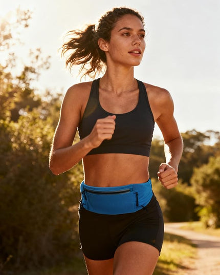 WATERFLY Running Belt Fanny Pack: Breathable 3 Pocket Waist Bag for Men Women Workout Exercise Fitness Phone Holder Fits All Phones - Runner Marathon Jogging Race Belt with Bib Clip Blue