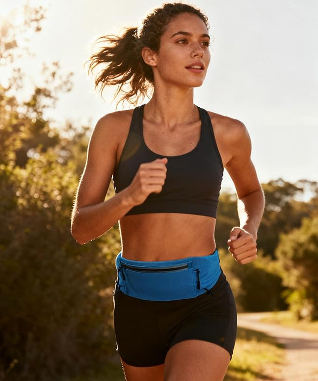 WATERFLY Running Belt Fanny Pack: Breathable 3 Pocket Waist Bag for Men Women Workout Exercise Fitness Phone Holder Fits All Phones - Runner Marathon Jogging Race Belt with Bib Clip Blue
