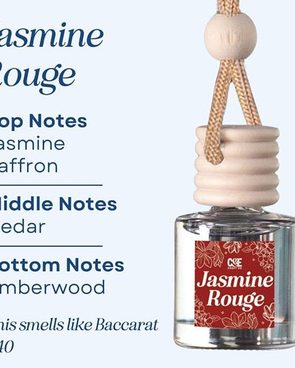 C&E Craft Co Hanging Car Air Freshener Diffuser 2 Pack, Long Lasting Fragrance Oil Car Freshener, Glass Bottle Auto Air Freshener, Made in USA (Jasmine Rouge)