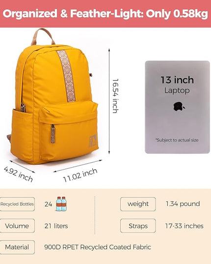 INUK Geometric Stripe Laptop Backpack, 13 Inch Water Resistant Backpack for College & Work, Recycled Travel Daypack Made from 24 Plastic Bottles, with Hidden Pocket & Luggage Strap, Honeycomb