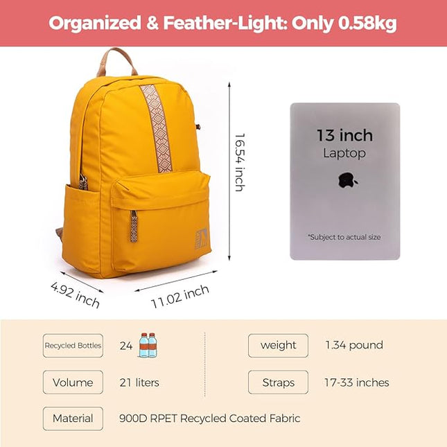 INUK Geometric Stripe Laptop Backpack, 13 Inch Water Resistant Backpack for College & Work, Recycled Travel Daypack Made from 24 Plastic Bottles, with Hidden Pocket & Luggage Strap, Honeycomb