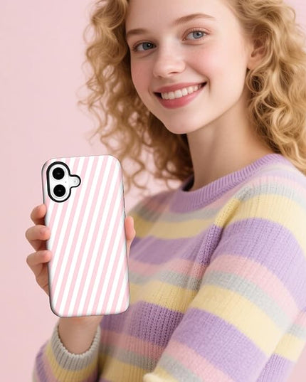 Magnetic for iPhone 16 Case Cute Diagonal Stripes Phone Case, Shockproof Slim TPU and Hard PC Protective Phone Cover Compatible with MagSafe Designed for Women Girls,Pink