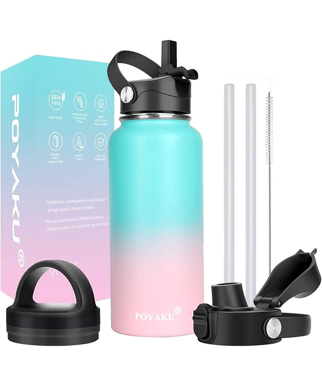 Water Bottle Insulated 32oz 40oz 64oz 128oz Straw Lid Spout Lid & 3 Lids, Leak Proof, Vacuum Insulated,Stainless Steel Water Bottle Wide Mouth for Sports, Gym or Office