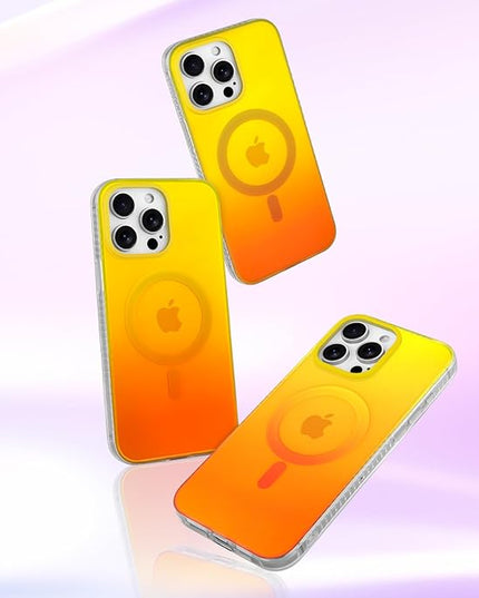 Aesthetic Case for iPhone 15 Pro Case for Women Girls, Compatible with Magsafe, Cute Girly Trendy Glitter Sparkly Rainbow Magnetic Protective Phone Cover, Matte Iridescent Yellow & Orange