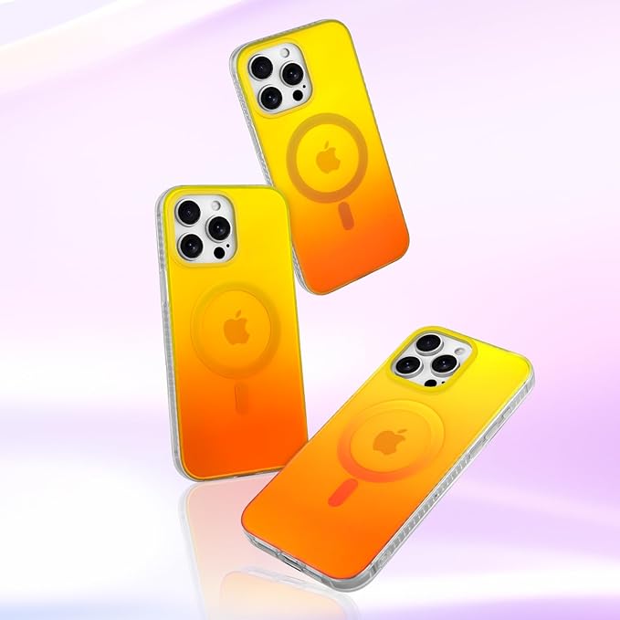 Aesthetic Case for iPhone 15 Pro Case for Women Girls, Compatible with Magsafe, Cute Girly Trendy Glitter Sparkly Rainbow Magnetic Protective Phone Cover, Matte Iridescent Yellow & Orange