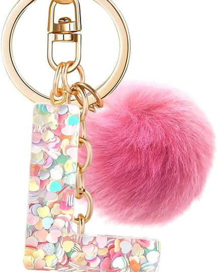Resin Alphabet Initial Letter Keychain Keyring for Women Purse Handbags With Fur Ball Pom