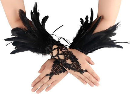 HOMELEX Women Black Lace Feather Gloves Witch Angel Costume Accessories Swan Wings Wrist Bands
